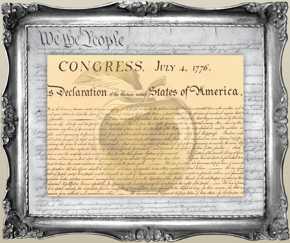 A silver ornamental frame surrounding the Constitution with the Declaration of Independence highlighted at its center, visually representing Lincoln's apple-of-gold and frame-of-silver metaphor