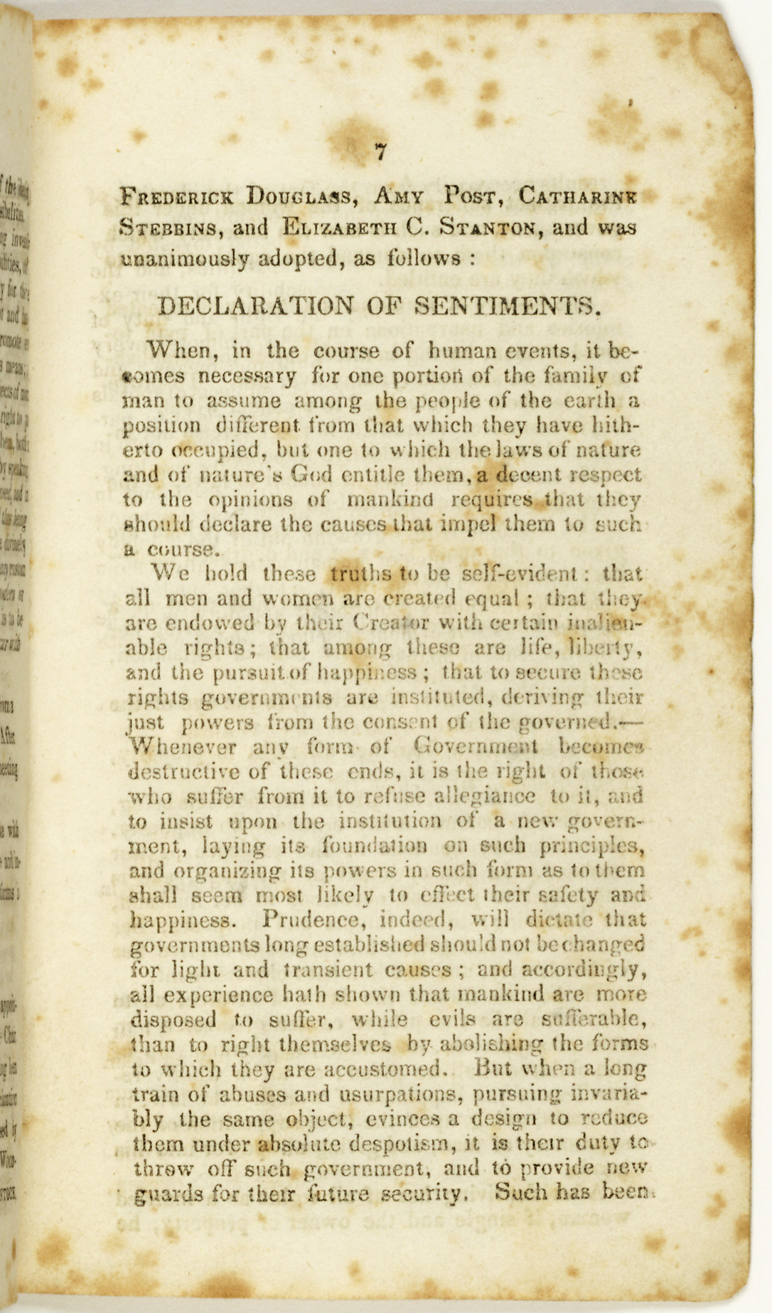 1848 printed page headed Declaration of Sentiments, stating that all men and women are created equal