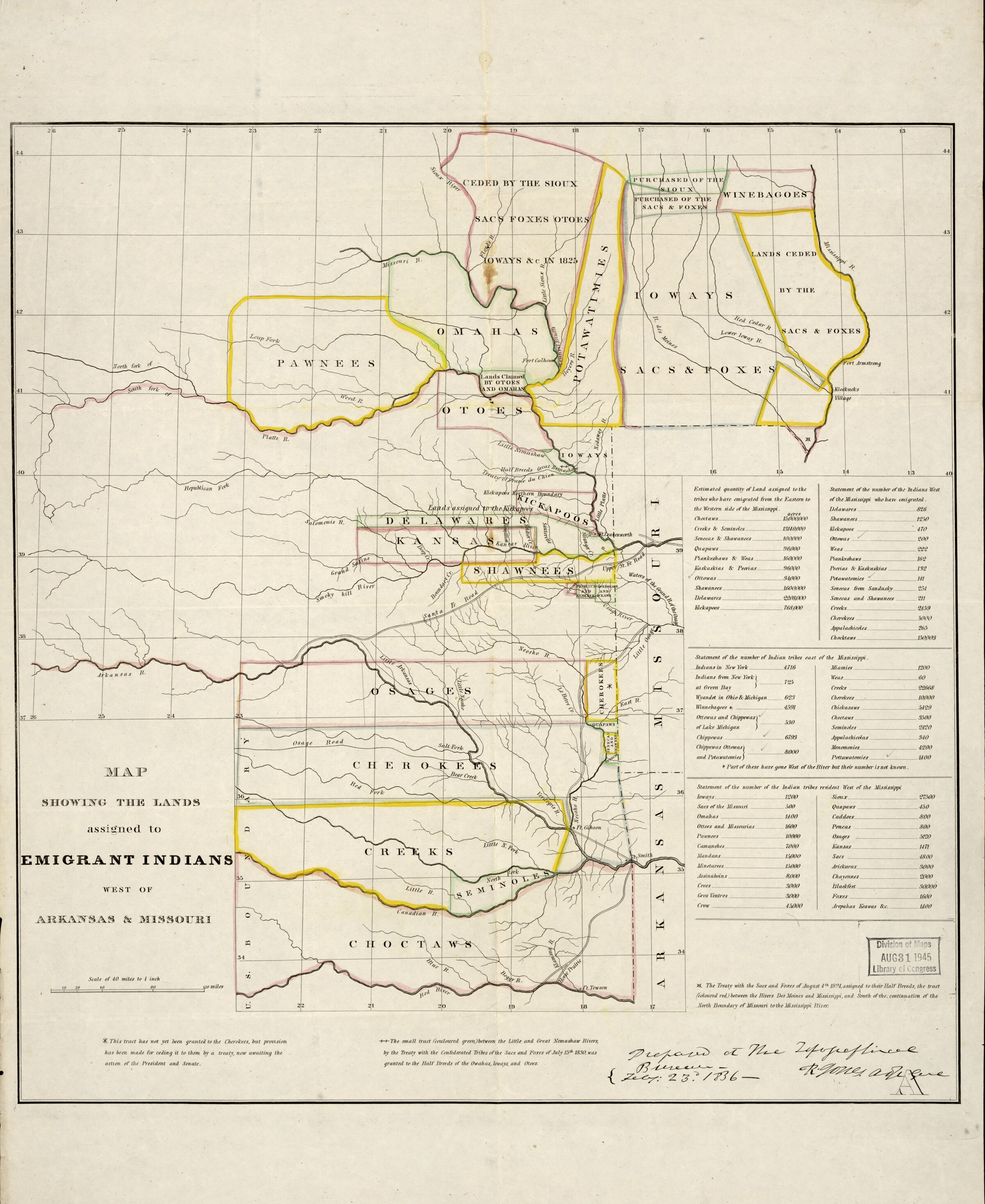 1836 Library of Congress map showing lands assigned to Native groups west of Arkansas and Missouri, with routes, rivers, and military posts