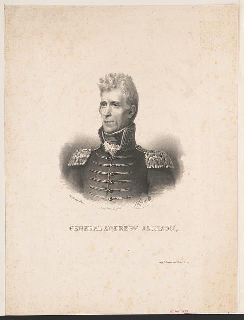 Lithograph portrait of Andrew Jackson in military uniform, facing slightly left