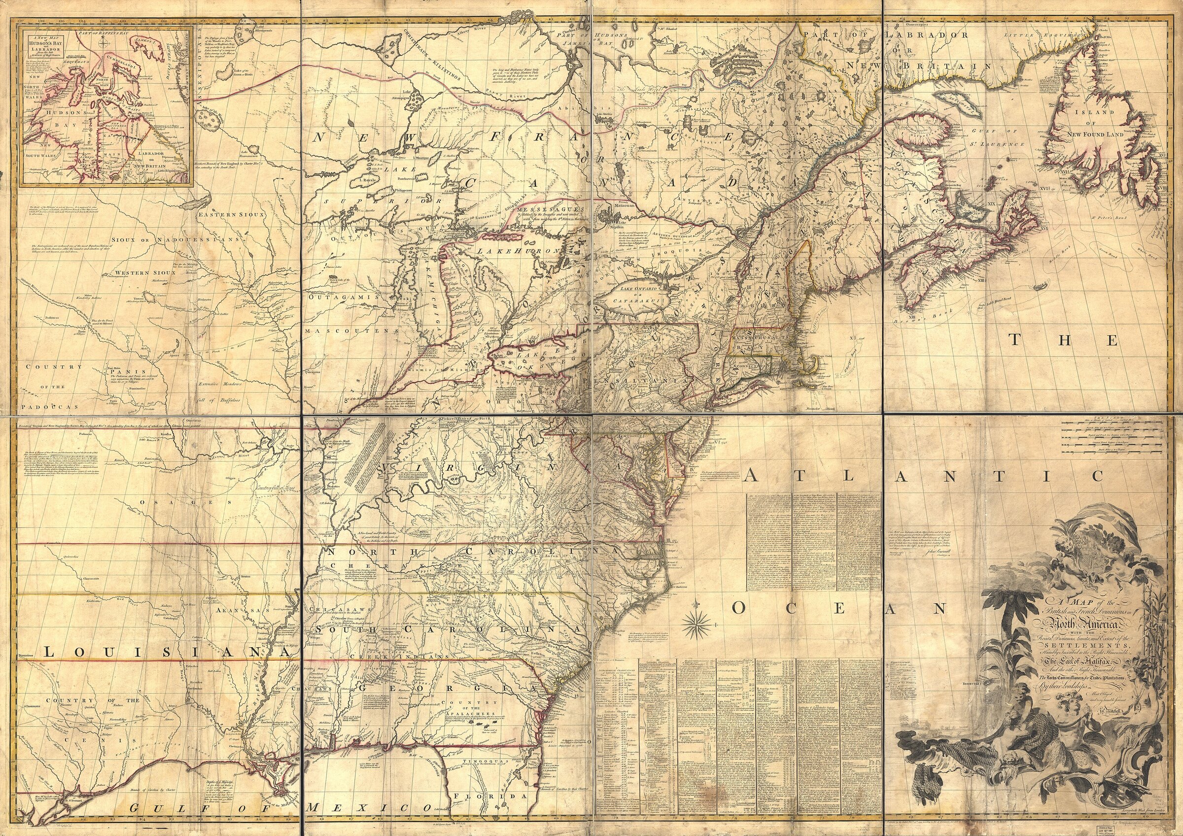 John Mitchell’s 1755 map of the British and French dominions in North America, showing the Atlantic coast, colonial settlements, Native nations, inland rivers, and competing imperial claims.