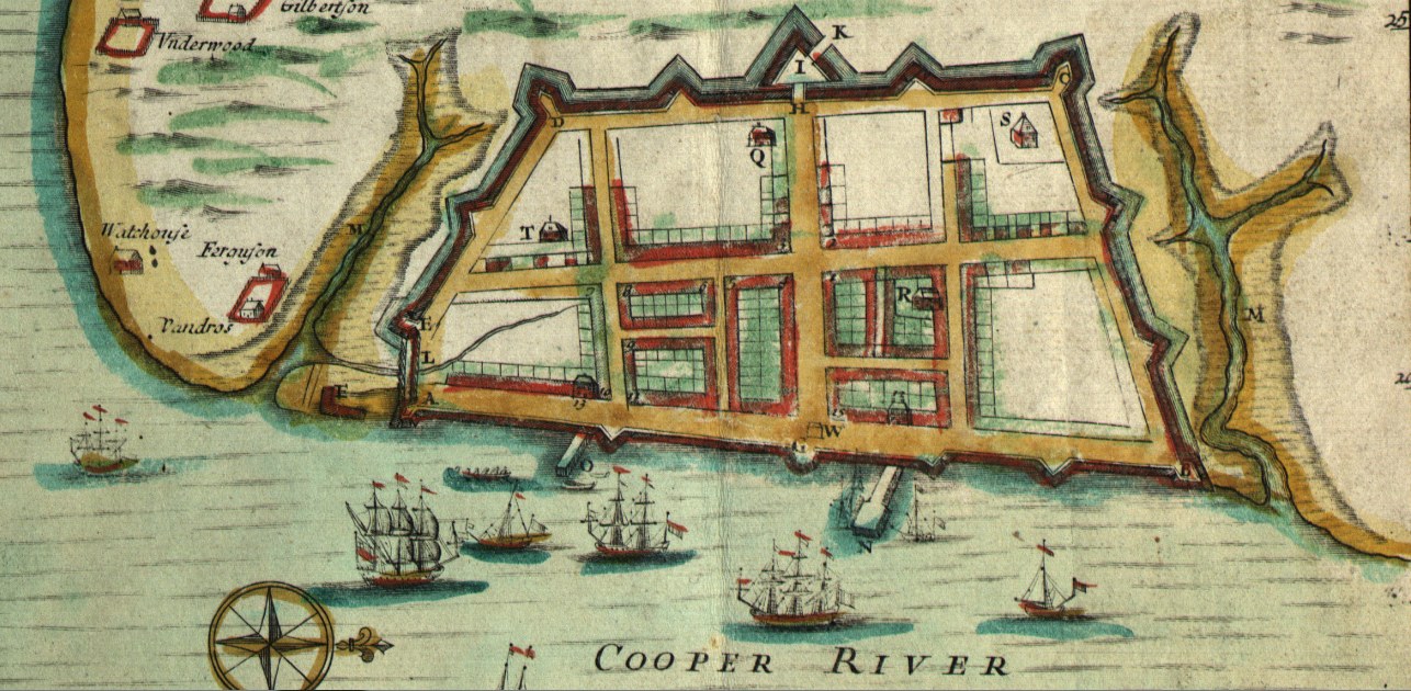 Colored map detail of Charles Town’s street grid and waterfront fortifications, with sailing ships on the Cooper River.