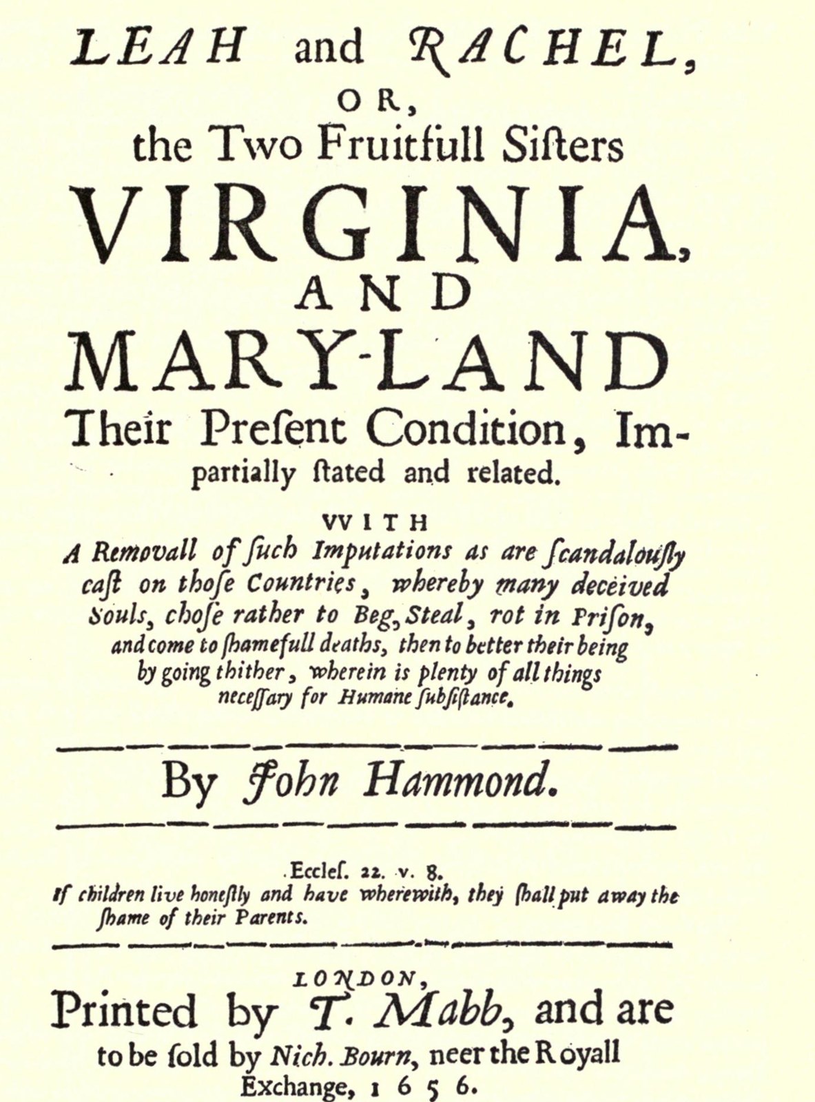 Facsimile of Hammond’s title page, naming Virginia and Maryland and promising plentiful necessities for people who migrate.