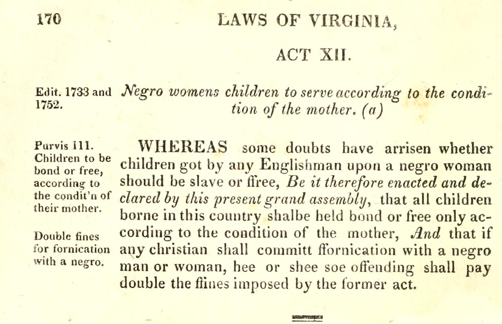 Printed Act XII concerning children’s status, with marginal notes about maternal status and unequal fines. Its full text is transcribed below.