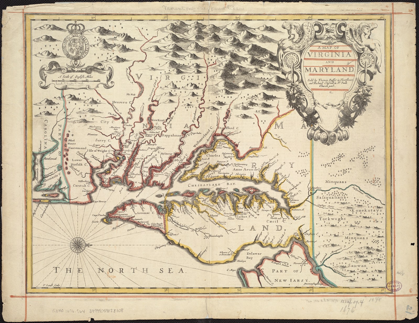 Hand-colored 1676 map of Virginia and Maryland, showing the Chesapeake Bay, James and York Rivers, settlements, and named Indigenous communities.