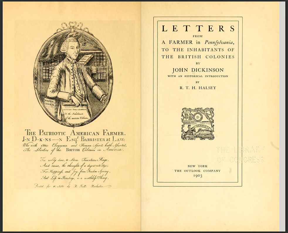 The Patriotic American Farmer image of John Dickinson beside Magna Charta and his Letters, reproduced opposite the title page of a 1903 edition