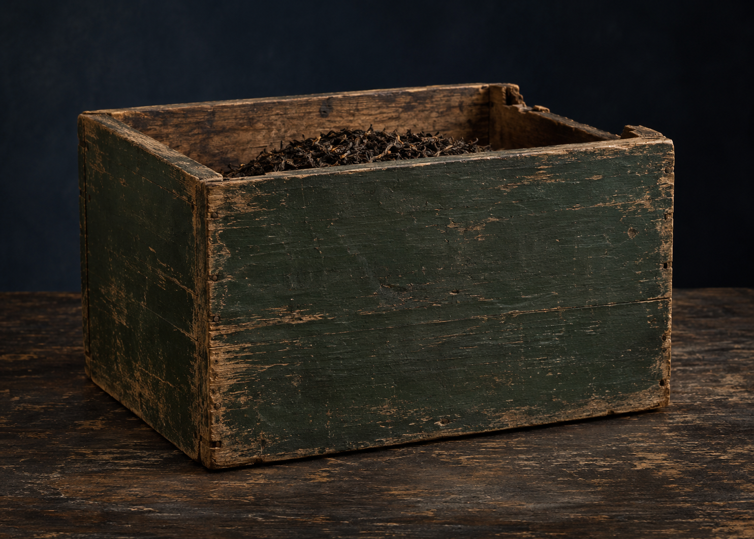 Interpretive enlargement of a small dark-green wooden tea chest