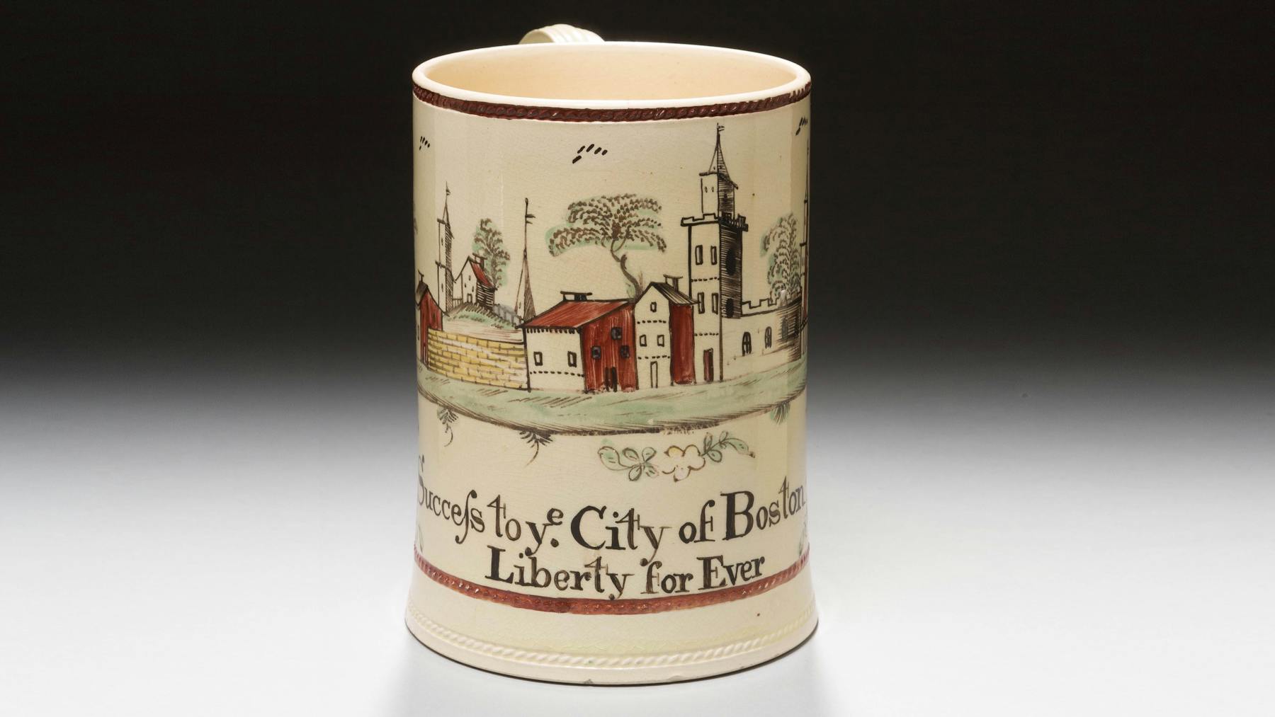 AI-generated reconstruction of an eighteenth-century “Success to Boston” creamware mug
