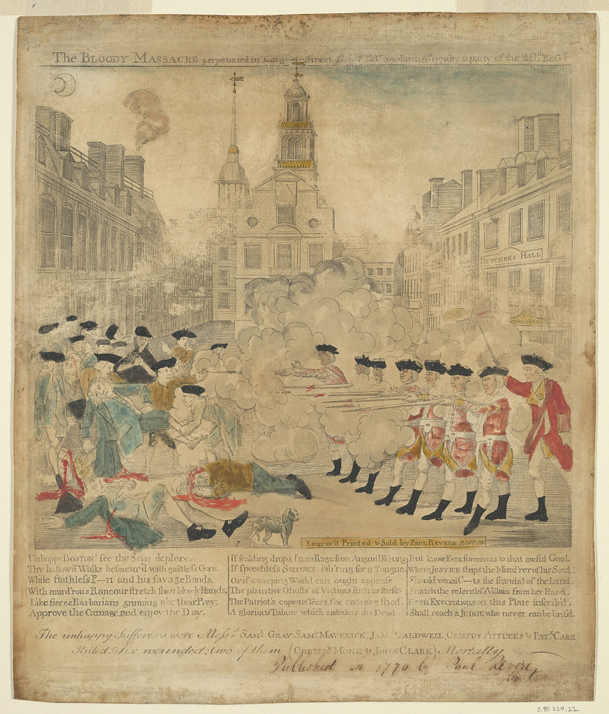 Paul Revere's 1770 engraving of the Boston Massacre, hand-coloured, showing British soldiers firing into a crowd in King Street