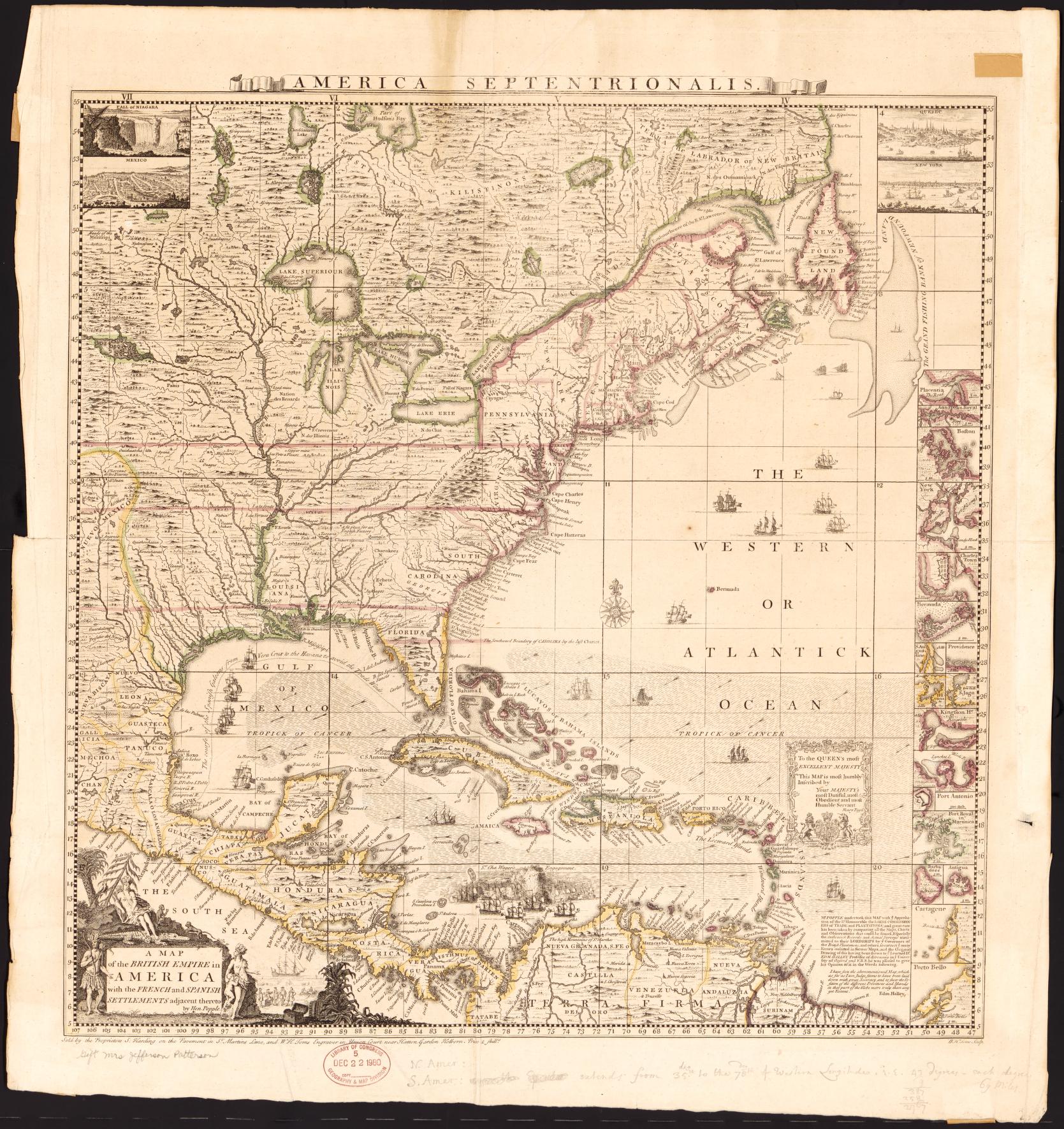 Popple’s 1733 map of North America and the Caribbean, with colonial names, settlements, rivers, and port insets. A full descriptive equivalent follows.